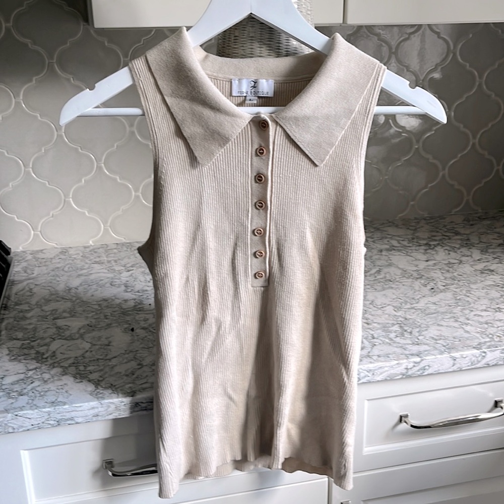 Beige short sleeve half button down top